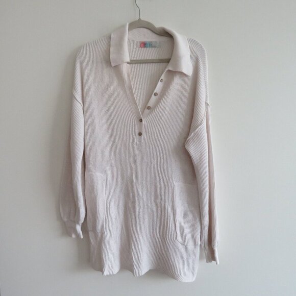 FREE PEOPLE BEACH Picnic Sweater Mini Dress Ribbed White Comfy Boho Coastal Sz M - Picture 2 of 15
